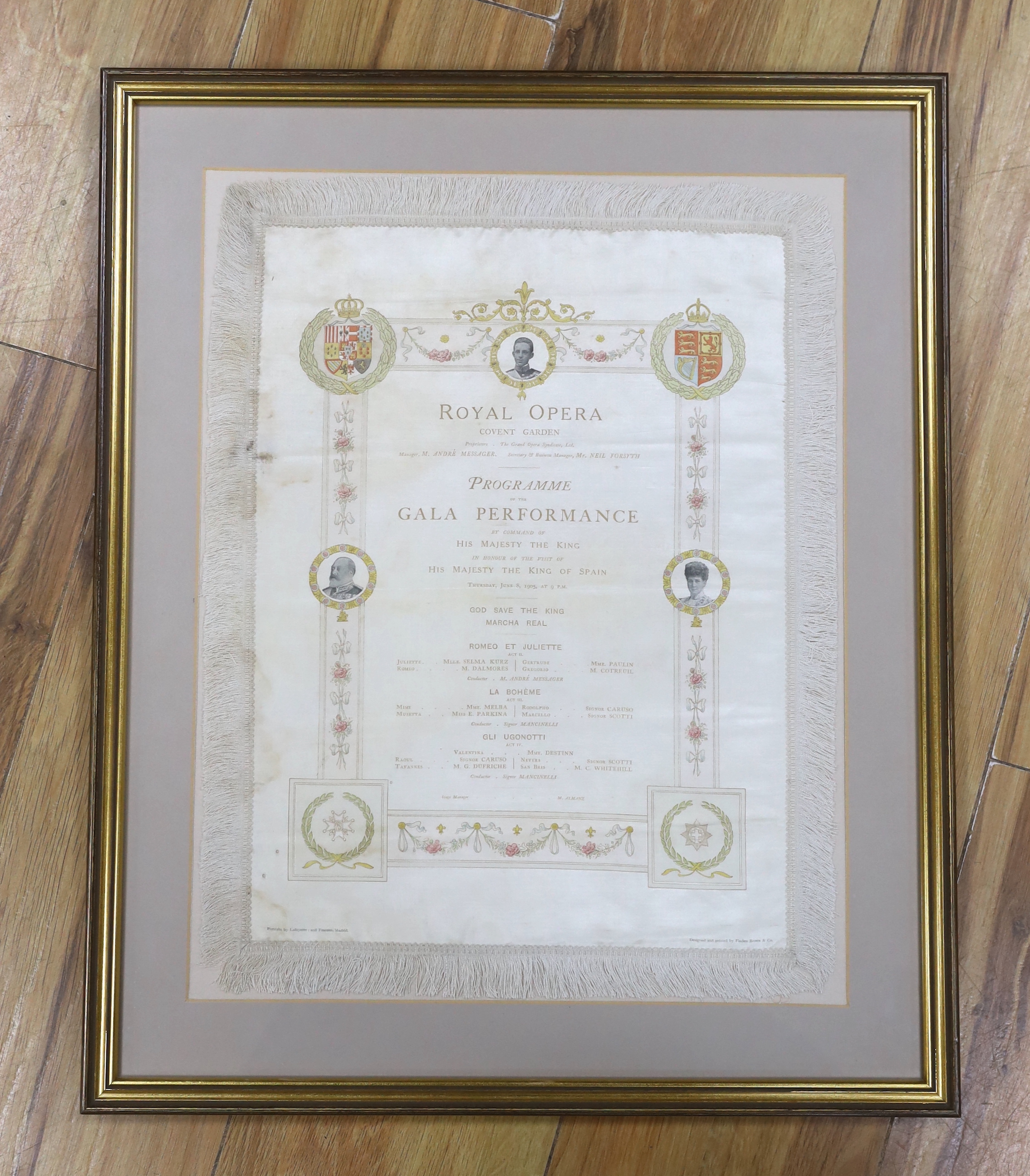 A vintage silk Royal Opera Covent Garden programme, designed and printed by Finden Brown & Co, framed, 41 x 32cm